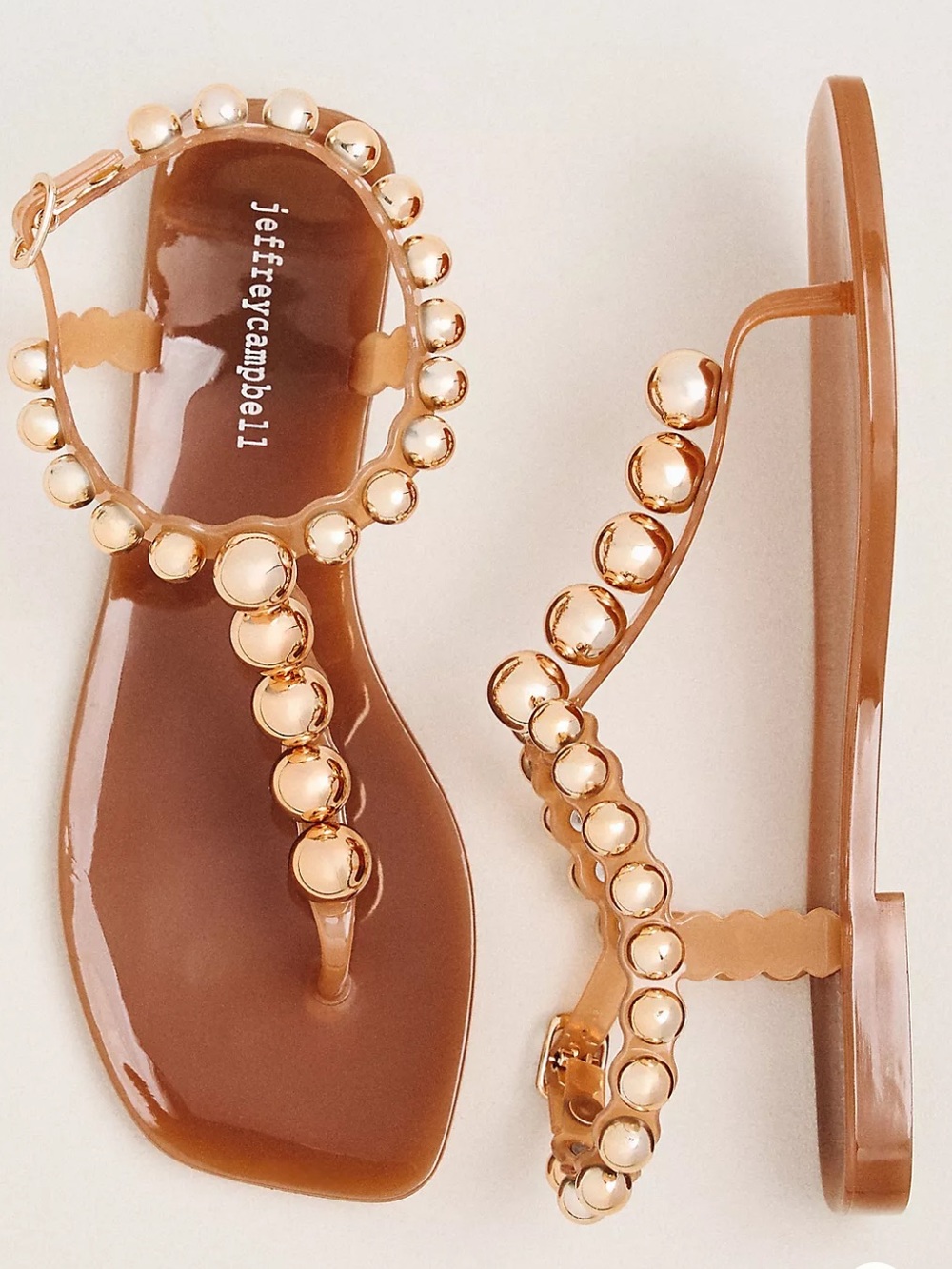 NWOB Jeffrey Campbell Tan gold beaded Trim Jelly Thong Sandals